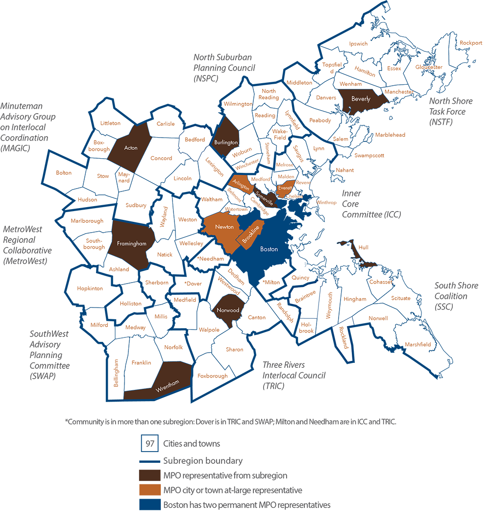 A map showing the 97 cities and towns that make up the Boston Region, including the eight subregions communities are grouped into.